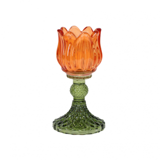 Bicolore Tulp Theelichthouder 8x15cm Oranje/Groen
