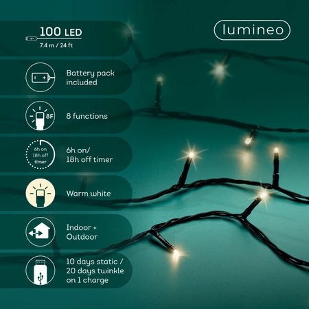 Duracharge Basic Twinkle - 100 LED Warm Wit (USB oplaadbaar) - afbeelding 2