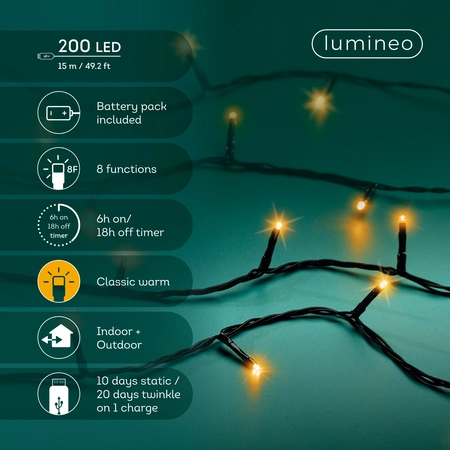 Duracharge Basic Twinkle - 200 LED Klassiek Warm (USB oplaadbaar) - afbeelding 2