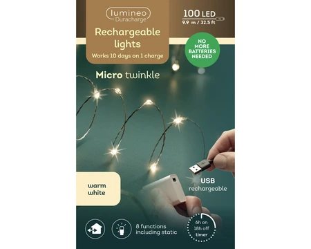 Duracharge Micro Led Twinkle - 100 LED Warm Wit (USB oplaadbaar)