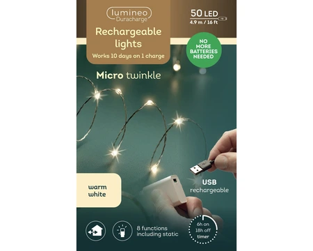 Duracharge Micro Led Twinkle - 50 LED Warm Wit (USB oplaadbaar)