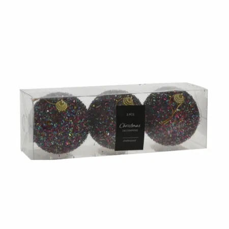 Kerstbal Paars Met Tinsels 10cm - set van 3 stuks - afbeelding 2