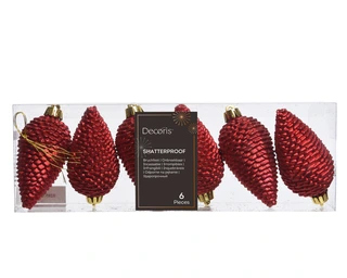 Kerstornament Dennenappels Glitter Kerstrood - 6 stuks - afbeelding 1