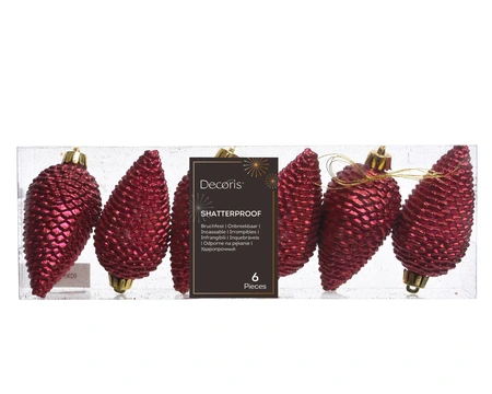 Kerstornament Dennenappels Glitter Ossenbloed - 6 stuks