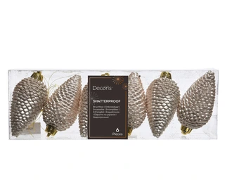 Kerstornament Dennenappels Glitter Parel - 6 stuks