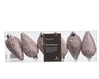 Kerstornament Dennenappels Glitter Poederroze - 6 stuks