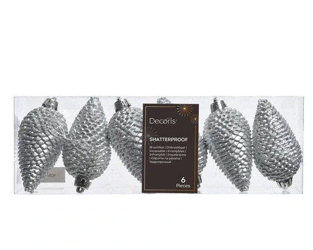 Kerstornament Dennenappels Glitter Zilver - 6 stuks - afbeelding 1