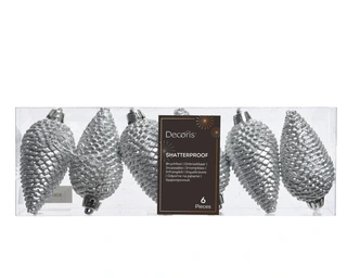 Kerstornament Dennenappels Glitter Zilver - 6 stuks - afbeelding 1