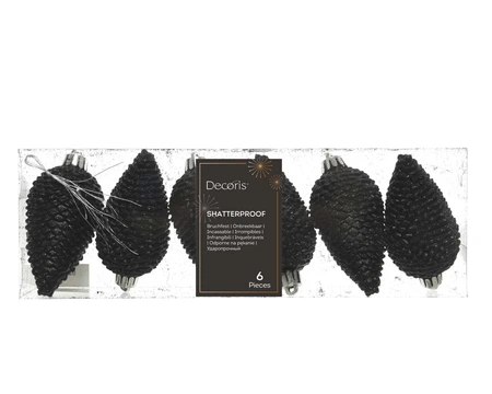 Kerstornament Dennenappels Glitter Zwart - 6 stuks
