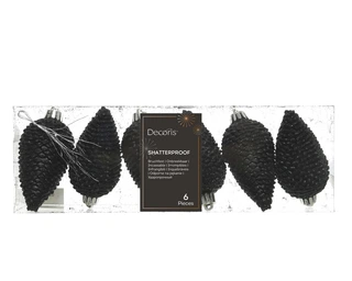 Kerstornament Dennenappels Glitter Zwart - 6 stuks