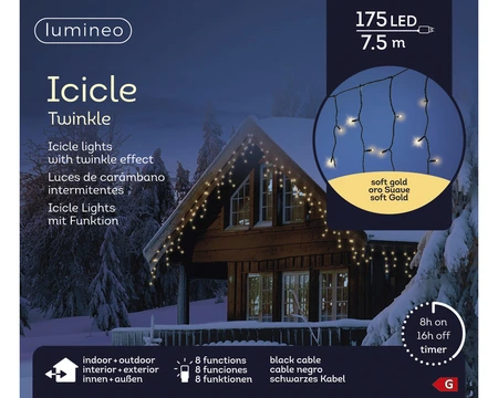 LED Icicle Lights Twinkle - Lumineo - 175 lampjes soft gold - afbeelding 3