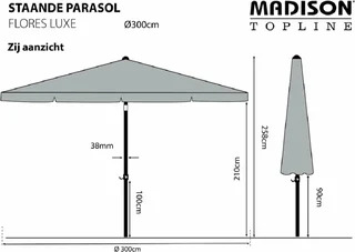 Madison Flores Luxe Stokparasol Rond Ø300cm - Lichgrijs - afbeelding 3