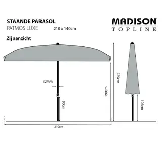 Madison Patmos Luxe Stokparasol 210x140cm - Lichtgrijs - afbeelding 5