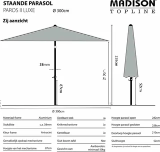 Madison Paros II Luxe Stokparasol Rond Ø300cm - Grijs - afbeelding 2