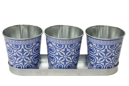 Trio Pot Madeira – 3x Ø10 cm op Tray – Blauw Tegelmotief