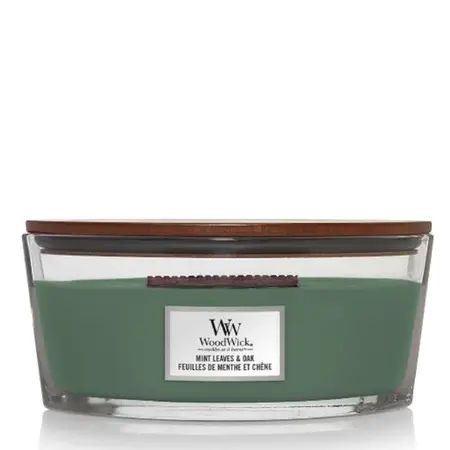 WoodWick kaars Mint Leaves & Oak Ellipse