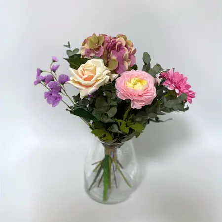 Zijden boeket met hortensia, gerbera & roos – klassiek