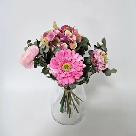 Zijden boeket met hortensia, gerbera & roos – klassiek