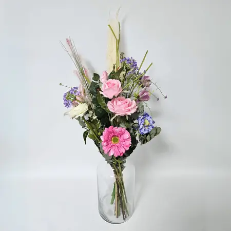 Zijden plukboeket met roos, lelie & delphinium – los en speels