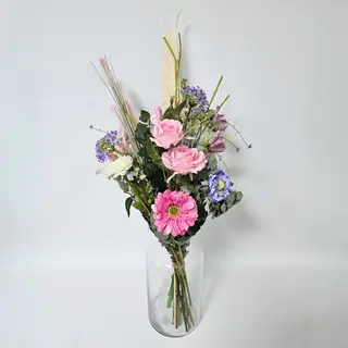 Zijden plukboeket met roos, lelie & delphinium – los en speels